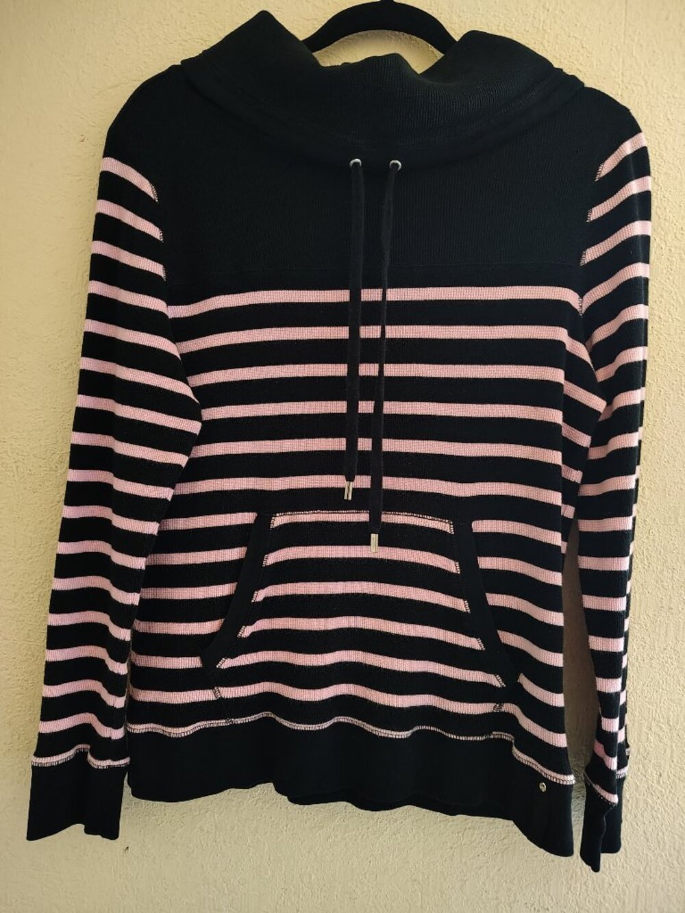 Lauren Ralph Lauren Pullover Sweater L Striped Black Waffle Knit Cowl Neck NWOT